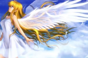 blondes, Video, Games, Clouds, Wings, Dress, Blue, Eyes, Wind, Long, Hair, Feathers, Visual, Novels, Kamio, Misuzu, Angel, Wings, White, Dress, Soft, Shading, Skyscapes, Anime, Girls, Air,  anime