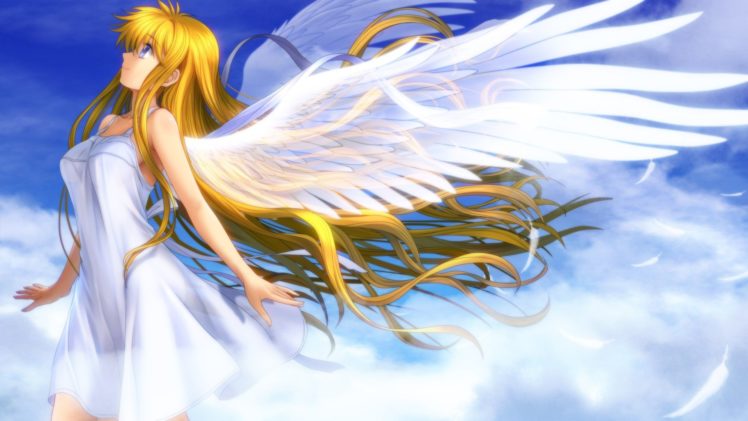 blondes, Video, Games, Clouds, Wings, Dress, Blue, Eyes, Wind, Long, Hair, Feathers, Visual, Novels, Kamio, Misuzu, Angel, Wings, White, Dress, Soft, Shading, Skyscapes, Anime, Girls, Air,  anime HD Wallpaper Desktop Background