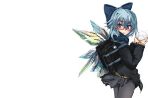 video, Games, Ice, Touhou, Wings, Blue, Eyes, Schoolgirls, Skirts, Glasses, Cirno, Fairies, Blue, Hair, Tongue, Pantyhose, Blush, Bows, Meganekko, Scarfs, Bags, Simple, Background, Anime, Girls, Looking, Back, Y