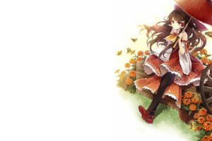 brunettes, Video, Games, Touhou, Dress, Flowers, Long, Hair, Ribbons, Brown, Eyes, Pantyhose, Miko, Hakurei, Reimu, Bows, Sitting, Umbrellas, Japanese, Clothes, Simple, Background, Detached, Sleeves, White, Back