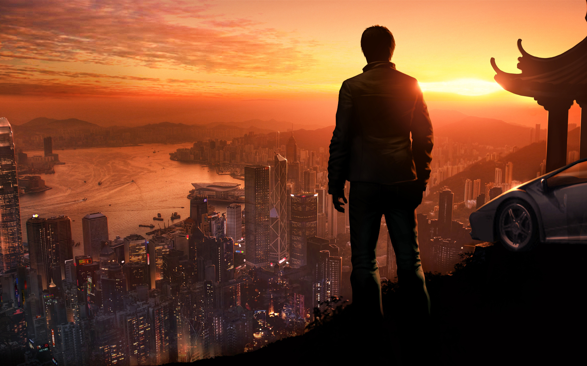 sleeping dogs, Sleeping, Dogs, Games, Video games, People, Men, Males, Cities, Cityscape, Sunset, Sunrise, Rivers Wallpaper
