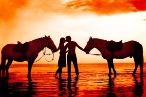 animals, Horses, People, Love, Romance, Kiss, Ocean, Sea, Reflection, Mood, Emotion, Sky, Clouds, Sunset, Colors, Cg, Digital, Manipulation, Valentine, Holidays