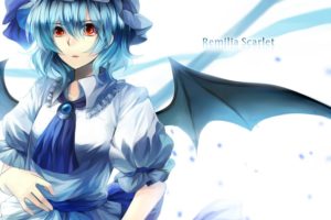 video, Games, Touhou, Wings, Dress, Ribbons, Blue, Hair, Vampires, Red, Eyes, Short, Hair, Bows, Open, Mouth, White, Dress, Hats, Remilia, Scarlet, Simple, Background, Anime, Girls, White, Background, Bangs, Bat