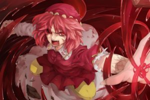 video, Games, Touhou, Red, Dress, Tears, Stones, Destruction, Pink, Hair, Red, Eyes, Short, Hair, Red, Dress, Long, Nails, Open, Mouth, Angry, Fangs, Crying, Action, Hats, Anime, Girls, Kawashiro, Mitori, Spread