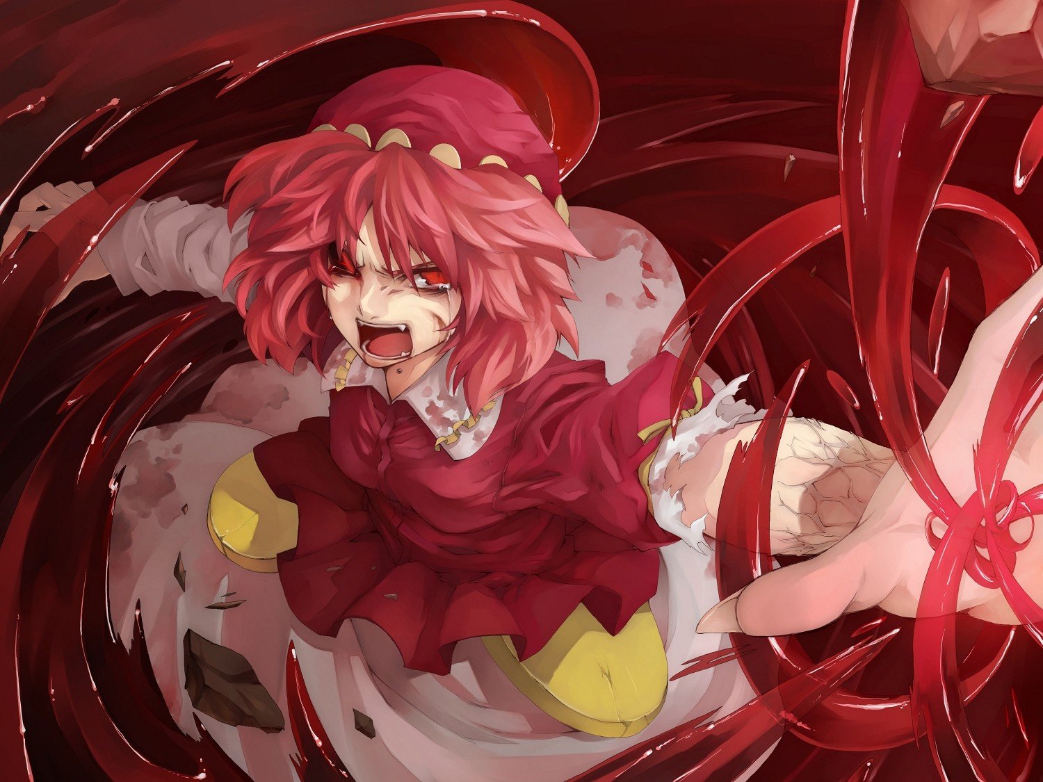 video, Games, Touhou, Red, Dress, Tears, Stones, Destruction, Pink, Hair, Red, Eyes, Short, Hair, Red, Dress, Long, Nails, Open, Mouth, Angry, Fangs, Crying, Action, Hats, Anime, Girls, Kawashiro, Mitori, Spread Wallpaper