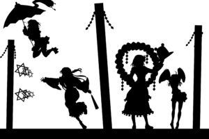 black, And, White, Video, Games, Touhou, Silhouettes, Goddess, Miko, Moriya, Suwako, Umbrellas, Kochiya, Sanae, Yasaka, Kanako, Tatara, Kogasa, Simple, Background, Anime, Girls