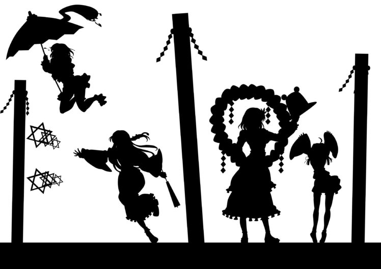 black, And, White, Video, Games, Touhou, Silhouettes, Goddess, Miko, Moriya, Suwako, Umbrellas, Kochiya, Sanae, Yasaka, Kanako, Tatara, Kogasa, Simple, Background, Anime, Girls HD Wallpaper Desktop Background