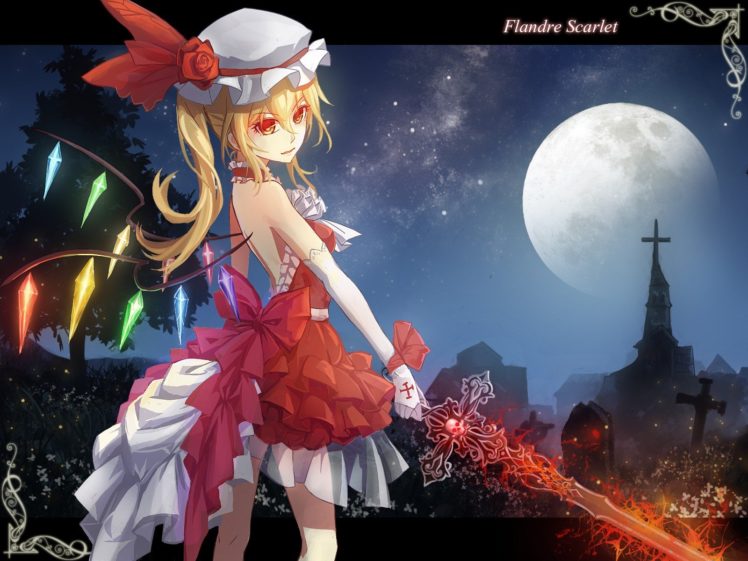 blondes, Video, Games, Touhou, Wings, Trees, Gloves, Dress, Flowers, Stars, Text, Moon, Grass, Houses, Long, Hair, Weapons, Vampires, Red, Eyes, Churches, Crystals, Tombstones, Flandre, Scarlet, Hats, Anime, Gir HD Wallpaper Desktop Background