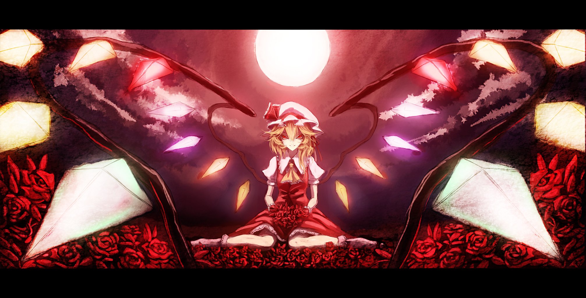 blondes, Video, Games, Clouds, Touhou, Wings, Red, Dress, Flowers, Moon, Long, Hair, Ribbons, Outdoors, Socks, Vampires, Glowing, Red, Eyes, Crystals, Red, Dress, Sitting, Flandre, Scarlet, Soft, Shading, Roses, Wallpaper