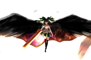 brunettes, Video, Games, Touhou, Wings, Outer, Space, Stars, Skirts, Long, Hair, Weapons, Brown, Eyes, Feathers, Thigh, Highs, Cannons, Bows, Capes, Reiuji, Utsuho, Simple, Background, Anime, Girls, Third, Eye
