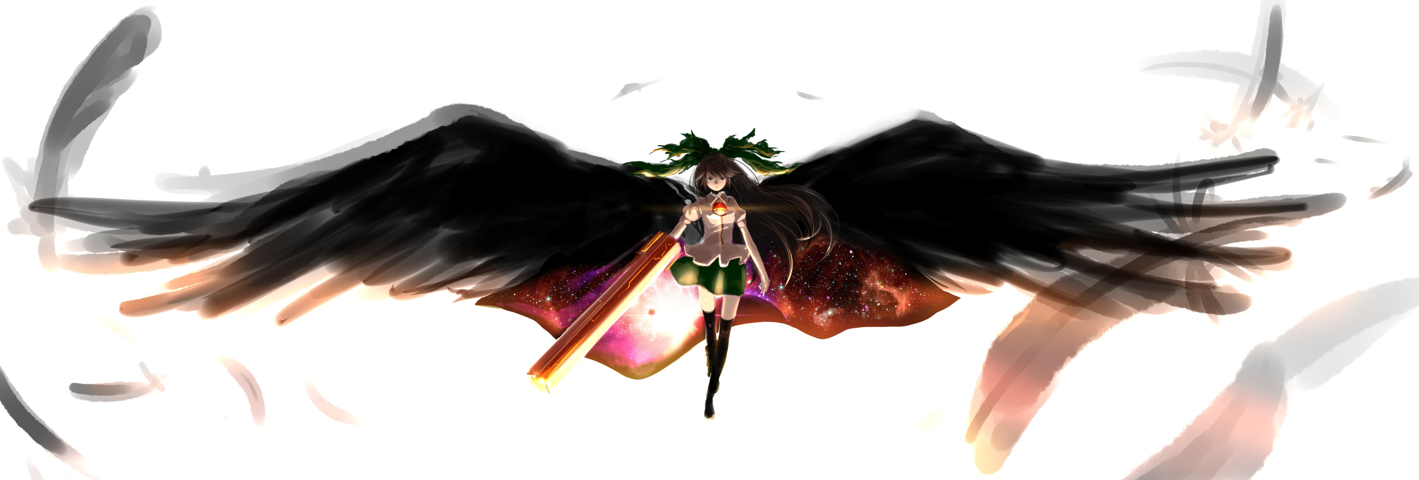 brunettes, Video, Games, Touhou, Wings, Outer, Space, Stars, Skirts, Long, Hair, Weapons, Brown, Eyes, Feathers, Thigh, Highs, Cannons, Bows, Capes, Reiuji, Utsuho, Simple, Background, Anime, Girls, Third, Eye Wallpaper