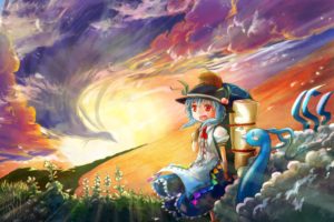sunset, Pokemon, Video, Games, Clouds, Touhou, Dress, Blue, Hair, Red, Eyes, Short, Hair, Open, Mouth, Hinanawi, Tenshi, Skyscapes, Hats, Anime, Girls, Altaria