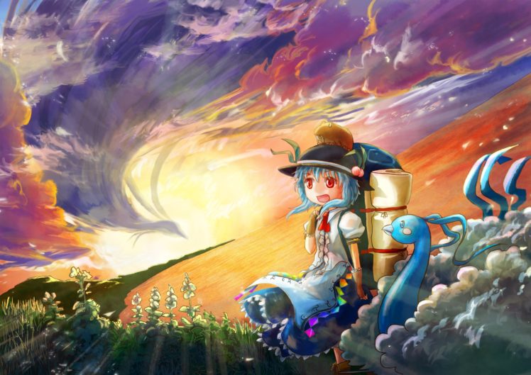 sunset, Pokemon, Video, Games, Clouds, Touhou, Dress, Blue, Hair, Red, Eyes, Short, Hair, Open, Mouth, Hinanawi, Tenshi, Skyscapes, Hats, Anime, Girls, Altaria HD Wallpaper Desktop Background
