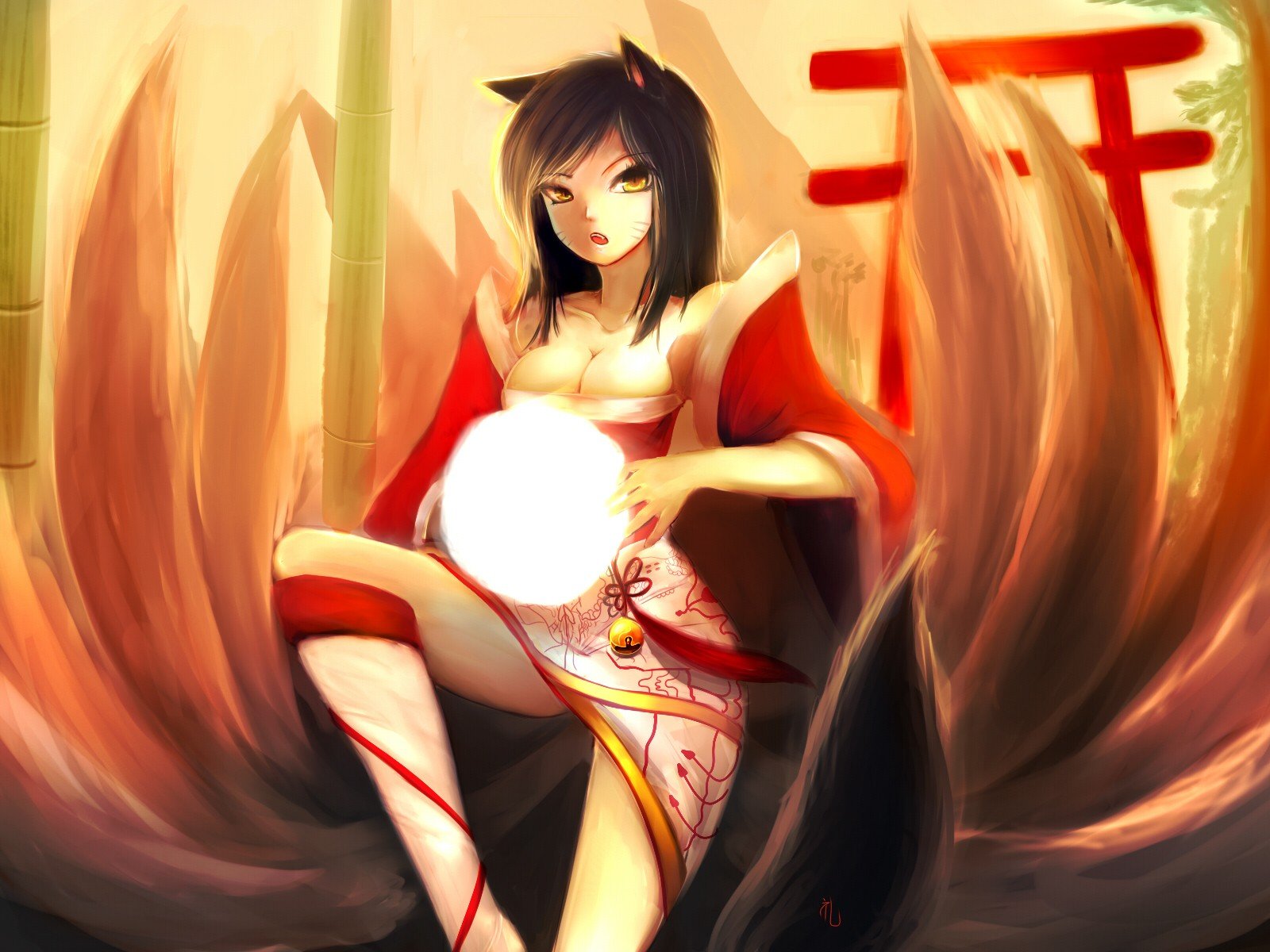 video, Games, League, Of, Legends, Drawings, Torii, Riot, Games, Ahri, Foxes Wallpaper