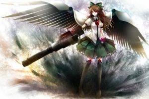 brunettes, Video, Games, Touhou, Wings, Skirts, Long, Hair, Weapons, Red, Eyes, Thigh, Highs, Cannons, Bows, Capes, Reiuji, Utsuho, Anime, Girls, Third, Eye, Mechanical, Wings, Hair, Ornaments, Dark, Wings