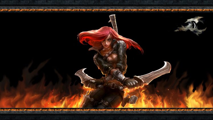 women, Fire, Redheads, League, Of, Legends, Artwork, Katarina, The, Sinister, Blade, Blades, Black, Background HD Wallpaper Desktop Background