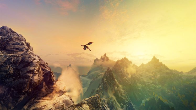 mountains, Dragons, Fantasy, Art, The, Elder, Scrolls, V , Skyrim HD Wallpaper Desktop Background