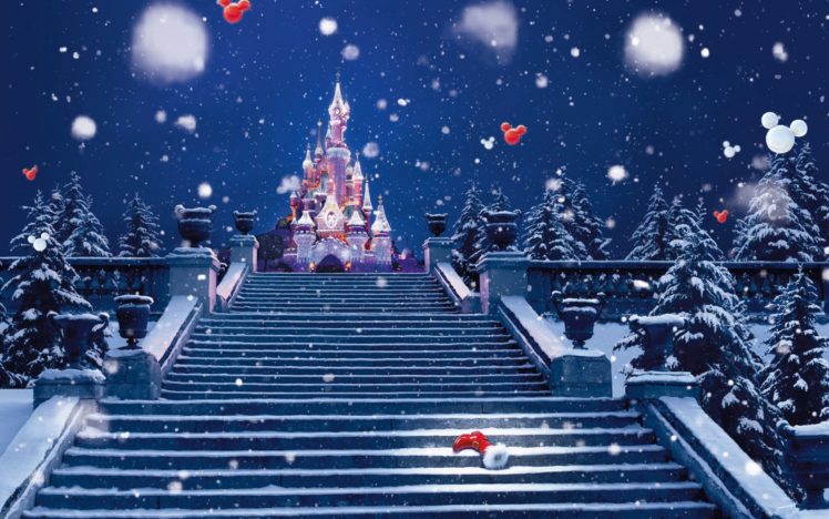 holidays, Christmas, Children, Disney, Winter, Snow, Snowing, Flakes, Drops, Stairs, Magical, Castle, Mickey HD Wallpaper Desktop Background