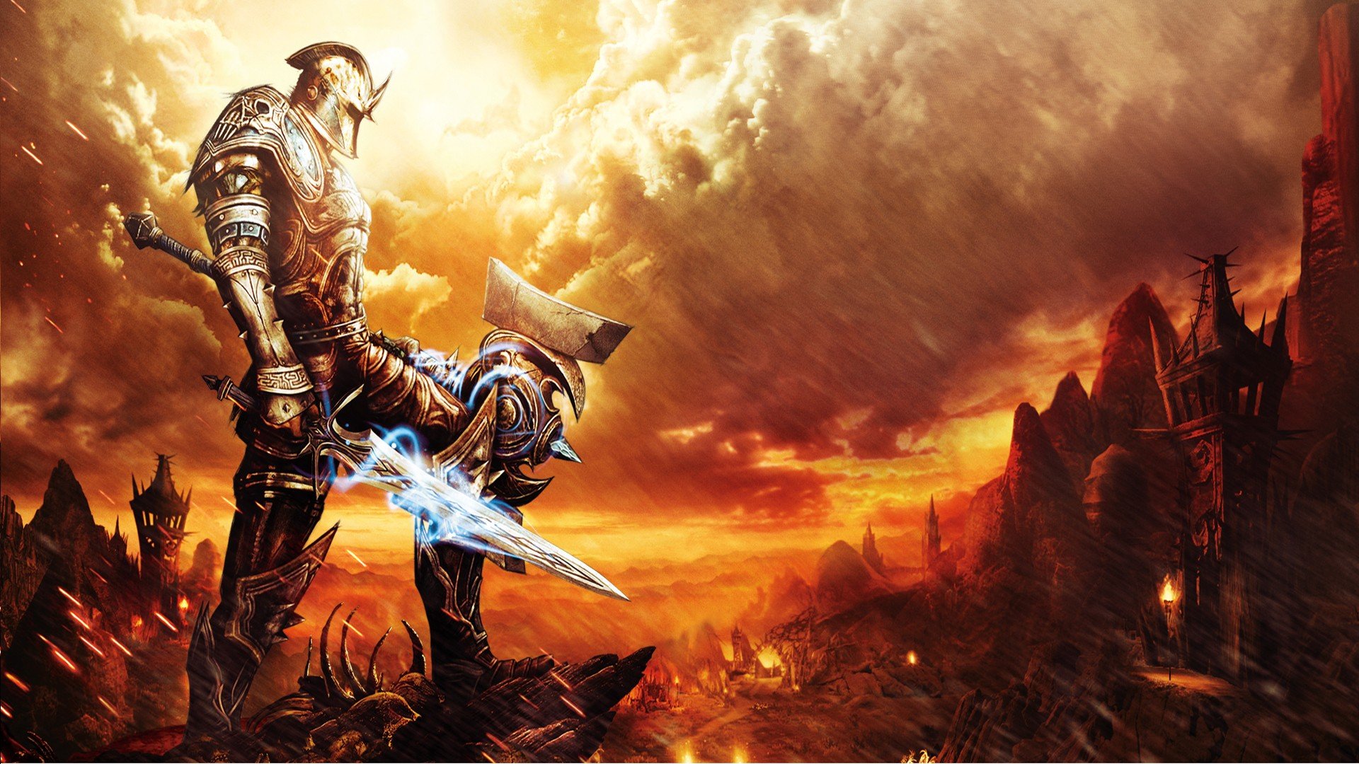 flames, Video, Games, Clouds, Sun, Fire, Weapons, Hammer, Video, Armor, Magic, Sunlight, Warriors, Reckoning, Kingdoms, Of, Amalur, Swords, Torch, Game Wallpaper