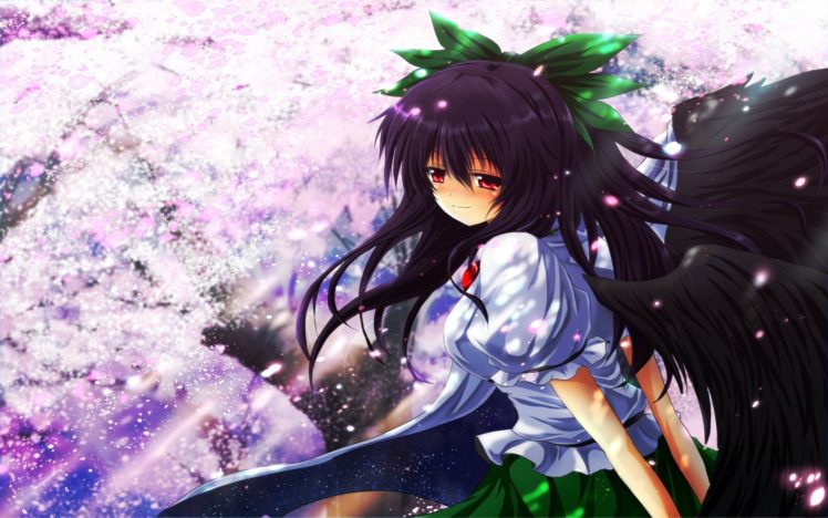 video, Games, Touhou, Wings, Outer, Space, Cherry, Blossoms, Trees, Skirts, Long, Hair, Outdoors, Red, Eyes, Sunlight, Smiling, Blush, Bows, Capes, Reiuji, Utsuho, Flower, Petals, Hands, Behind, Back, Anime, Gir HD Wallpaper Desktop Background