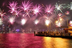 new, Year, 4th, Fourth, July, Holidays, Fireworks, Color, Sparkle, Bright, Light, World, Architecture, Buildings, Skyscraper, Skyline, Cityscape, Might, Harbor, Bay, Water, Reflection, Ocean, Sea