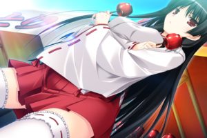 video, Games, Food, Skirts, Long, Hair, Sweets,  candies , Leggings, Miko, Red, Eyes, Thigh, Highs, Anime, Candies, Soft, Shading, Skyscapes, Apples, Japanese, Clothes, Anime, Girls, Black, Hair, Shinigami, No,