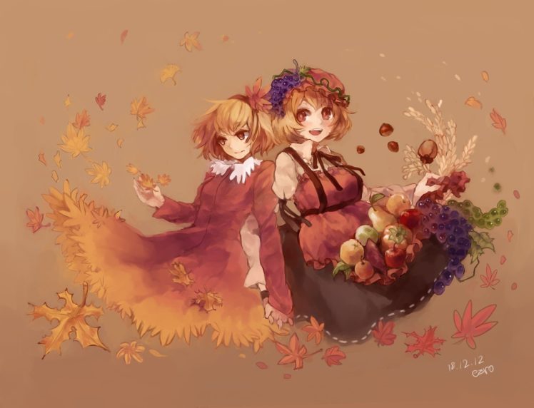 blondes, Video, Games, Touhou, Autumn, Dress, Fruits, Leaves, Goddess, Grapes, Red, Eyes, Short, Hair, Yellow, Eyes, Mountain, Of, Faith, Blush, Red, Dress, Sisters, Open, Mouth, Cereal, Pears, Aprons, Holding, HD Wallpaper Desktop Background