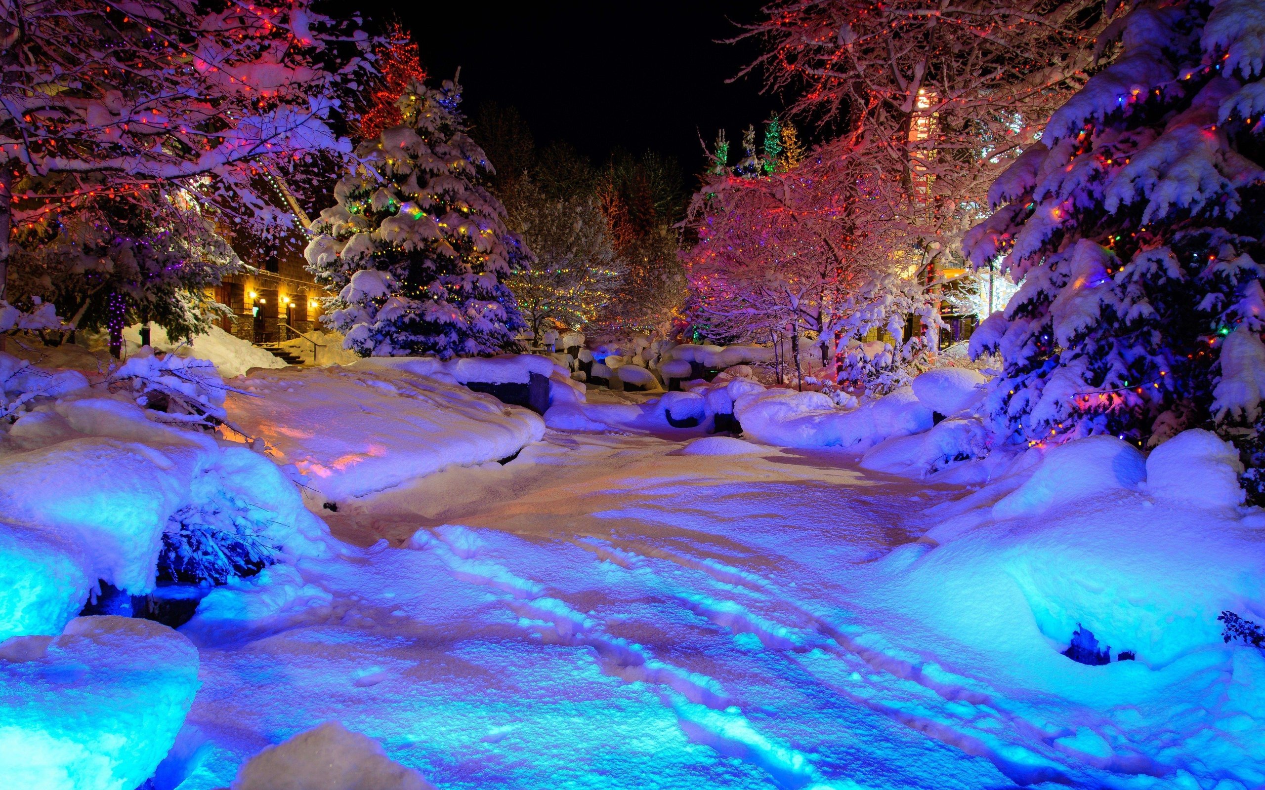 whistler, Village, Christmas, Winter, Trees, Garlands, Psychedelic