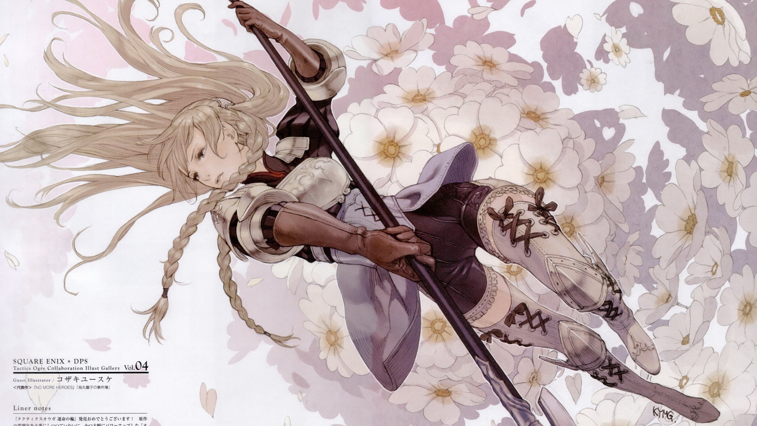 boots, Blondes, Women, Video, Games, Gloves, Flowers, Stockings, Long, Hair, Weapons, Blossoms, Armor, Thigh, Highs, Warriors, Spears, Braids, Hair, Ornaments, Bangs, Fighters, Tactics, Ogre, Ravness, Loxaerion, Wallpaper