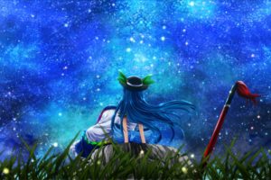 video, Games, Touhou, Dress, Night, Stars, Leaves, Grass, Stones, Long, Hair, Weapons, Blue, Hair, Bows, Sitting, Aprons, Hinanawi, Tenshi, Skyscapes, Hats, Sword, Of, Hisou, Swords, Nekominase