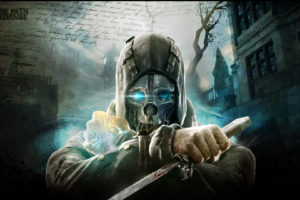 dishonored, Warrior, Sci, Fi, Futuristic, Mask, Weapons, Knife, Text