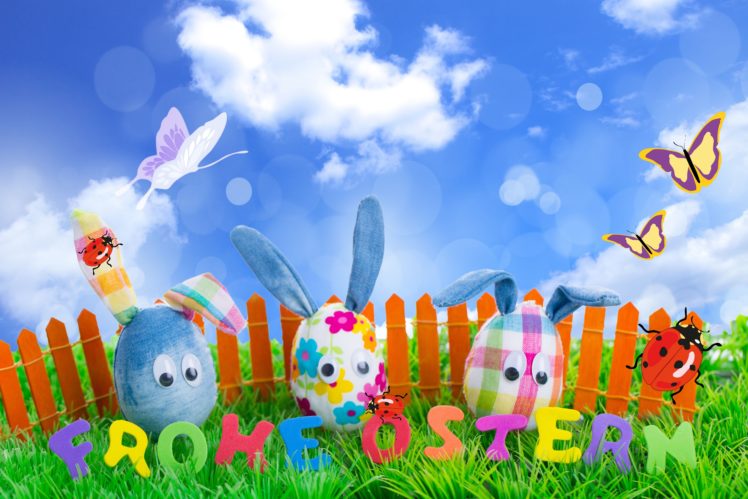 fence, Holidays, Easter, Butterflies, Sky, Eggs, Grass HD Wallpaper Desktop Background