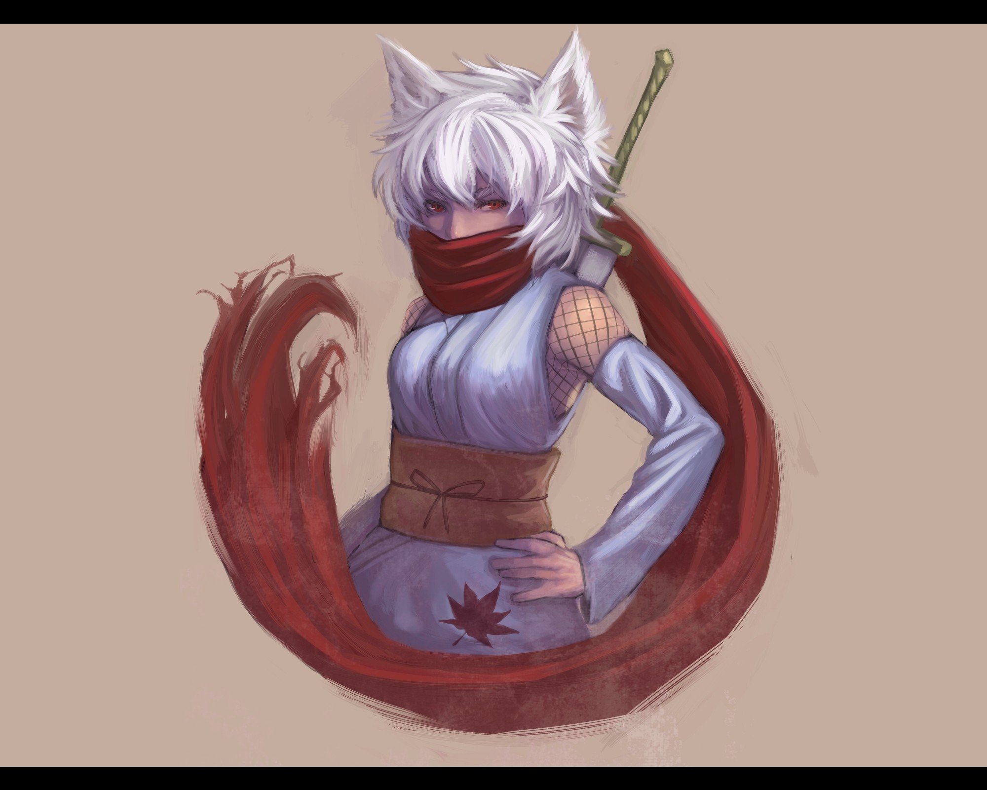 video, Games, Touhou, Brown, Weapons, Animal, Ears, Red, Eyes, Short, Hair, Scarfs, White, Hair, Inubashiri, Momiji, Gray, Hair, Japanese, Clothes, Simple, Background, Inumimi, Anime, Girls, Detached, Sleeves, S Wallpaper