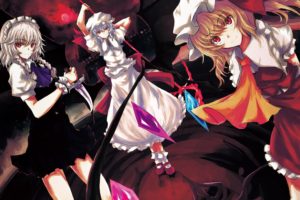 blondes, Video, Games, Touhou, Wings, Castles, Dress, Birds, Maids, Moon, Weapons, Socks, Izayoi, Sakuya, Blue, Hair, Shoes, Vampires, Red, Eyes, Short, Hair, Smiling, Knives, Flandre, Scarlet, Maid, Costumes, H