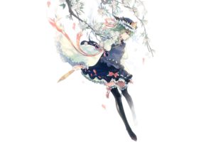 video, Games, Touhou, Cherry, Blossoms, Uniforms, Skirts, Ribbons, Blossoms, Green, Eyes, Short, Hair, Thigh, Highs, Green, Hair, Bows, Flower, Petals, Hats, Shikieiki, Yamaxanadu, Simple, Background, Branches,