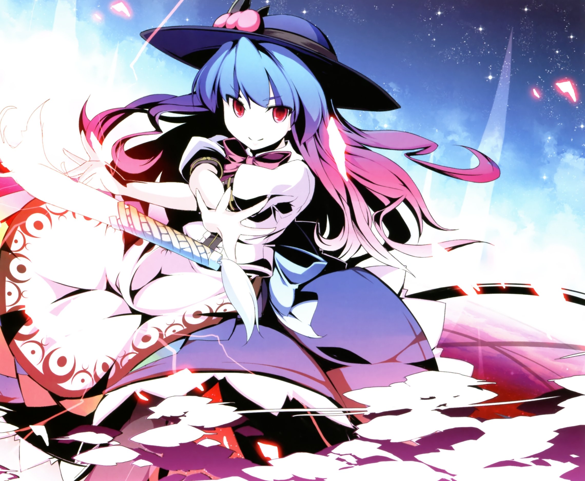 video, Games, Touhou, Dress, Stars, Fruits, Long, Hair, Weapons, Peach, Blue, Hair, Pink, Hair, Red, Eyes, Bows, Vortex, Aprons, Hinanawi, Tenshi, Skyscapes, Hats, Magical, Sword, Of, Hisou, Swords, Bicolored, H Wallpaper