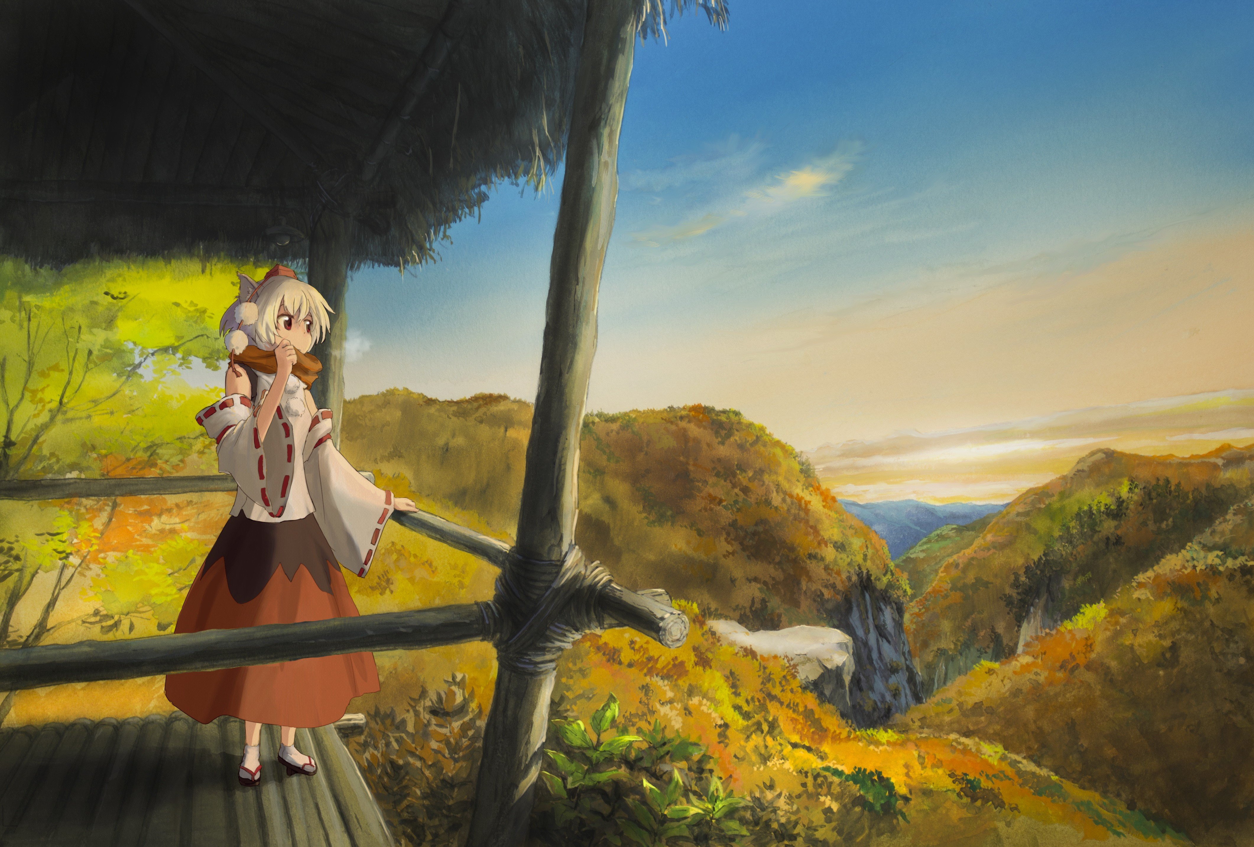 video, Games, Landscapes, Nature, Touhou, Skirts, Socks, Animal, Ears, Red, Eyes, Short, Hair, Sandals, Scarfs, White, Hair, Inubashiri, Momiji, Skyscapes, Hats, Japanese, Clothes, Inumimi, Tengu, Detached, Slee Wallpaper