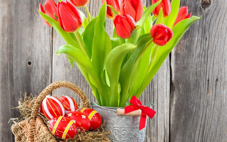 flowers, Eggs, Tulips, Basket, Easter, Eggs, Easter, Red HD Wallpaper Desktop Background