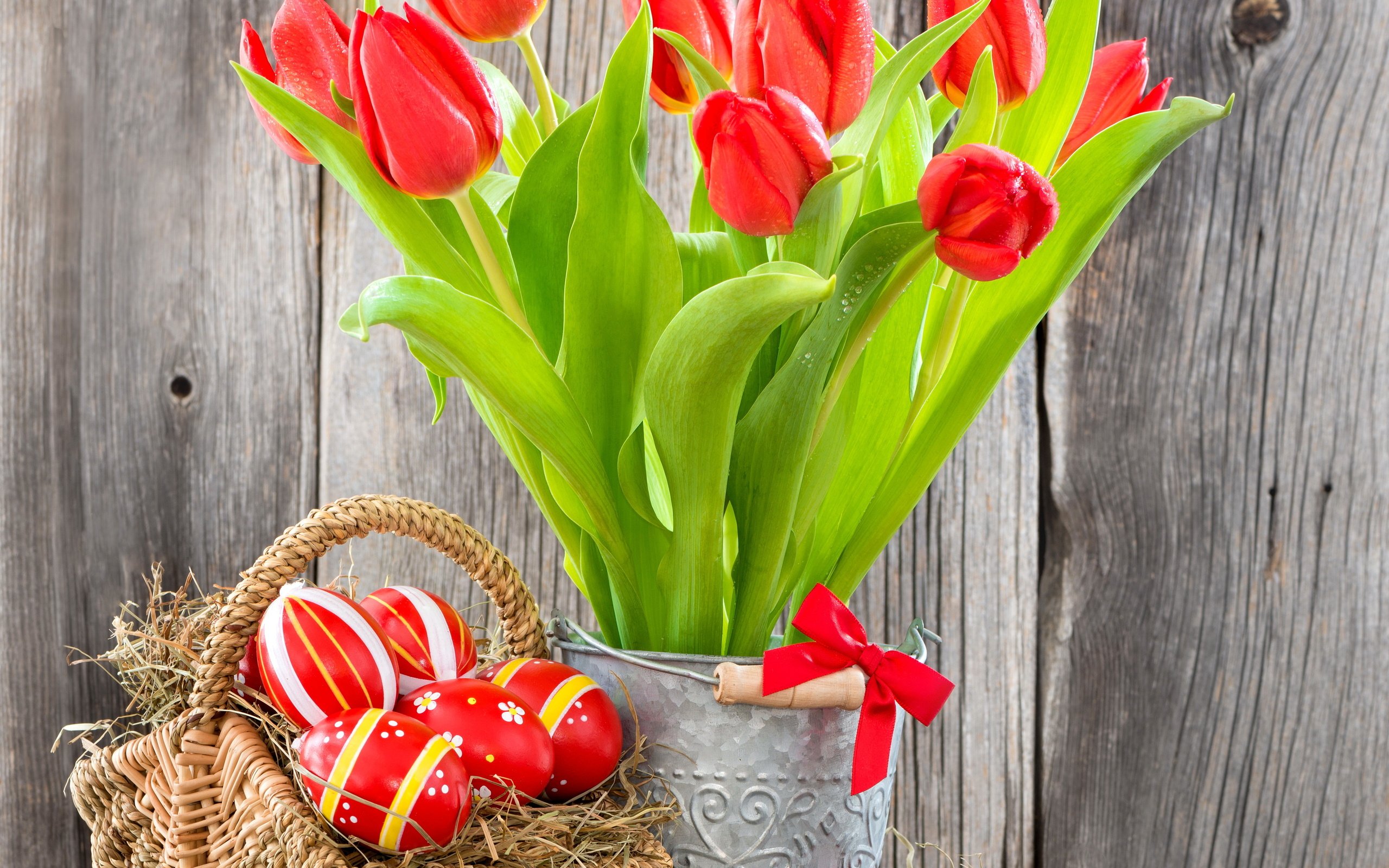 flowers, Eggs, Tulips, Basket, Easter, Eggs, Easter, Red Wallpaper