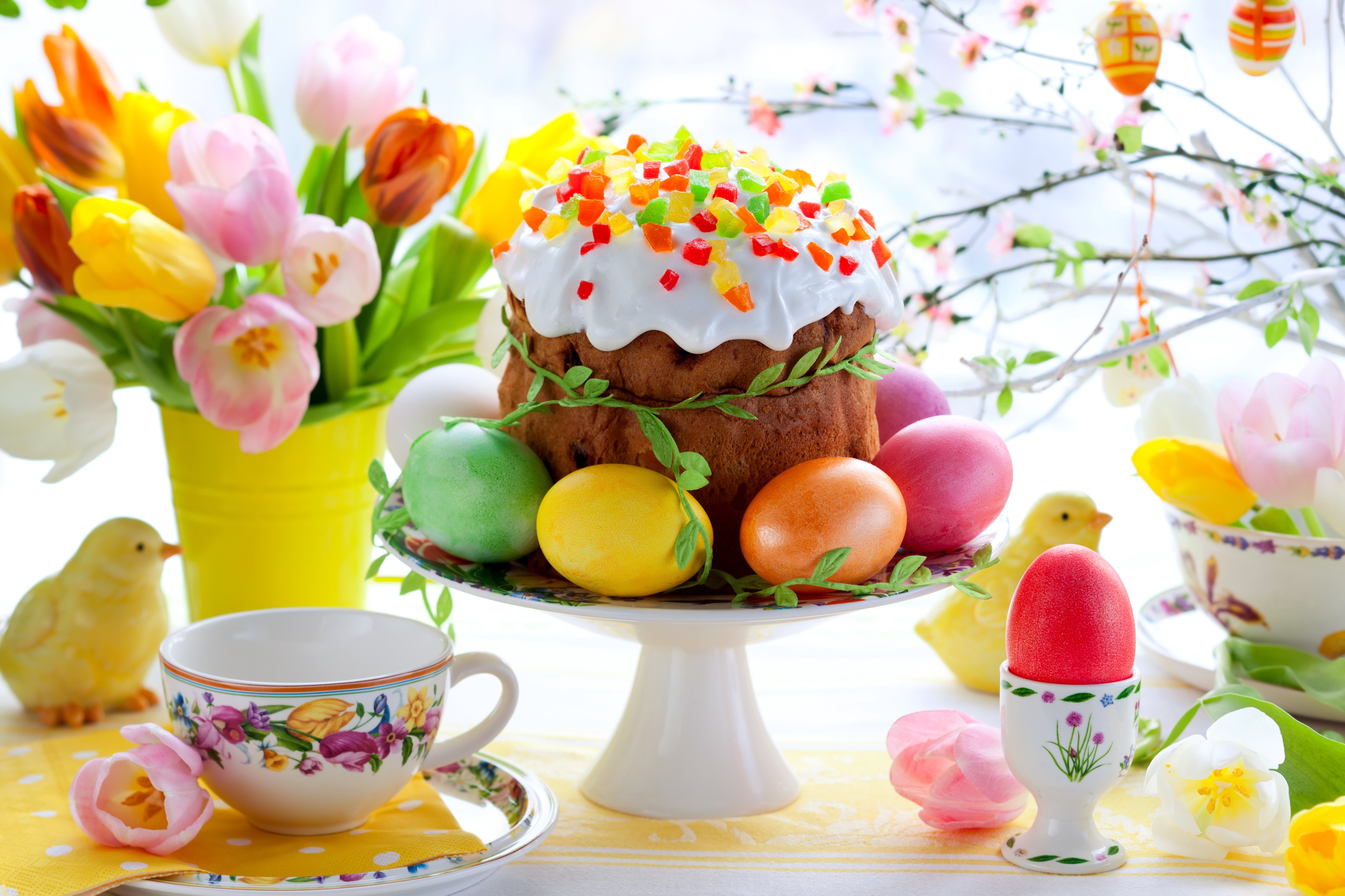 flowers, Cake, Tulips, Eggs Wallpaper