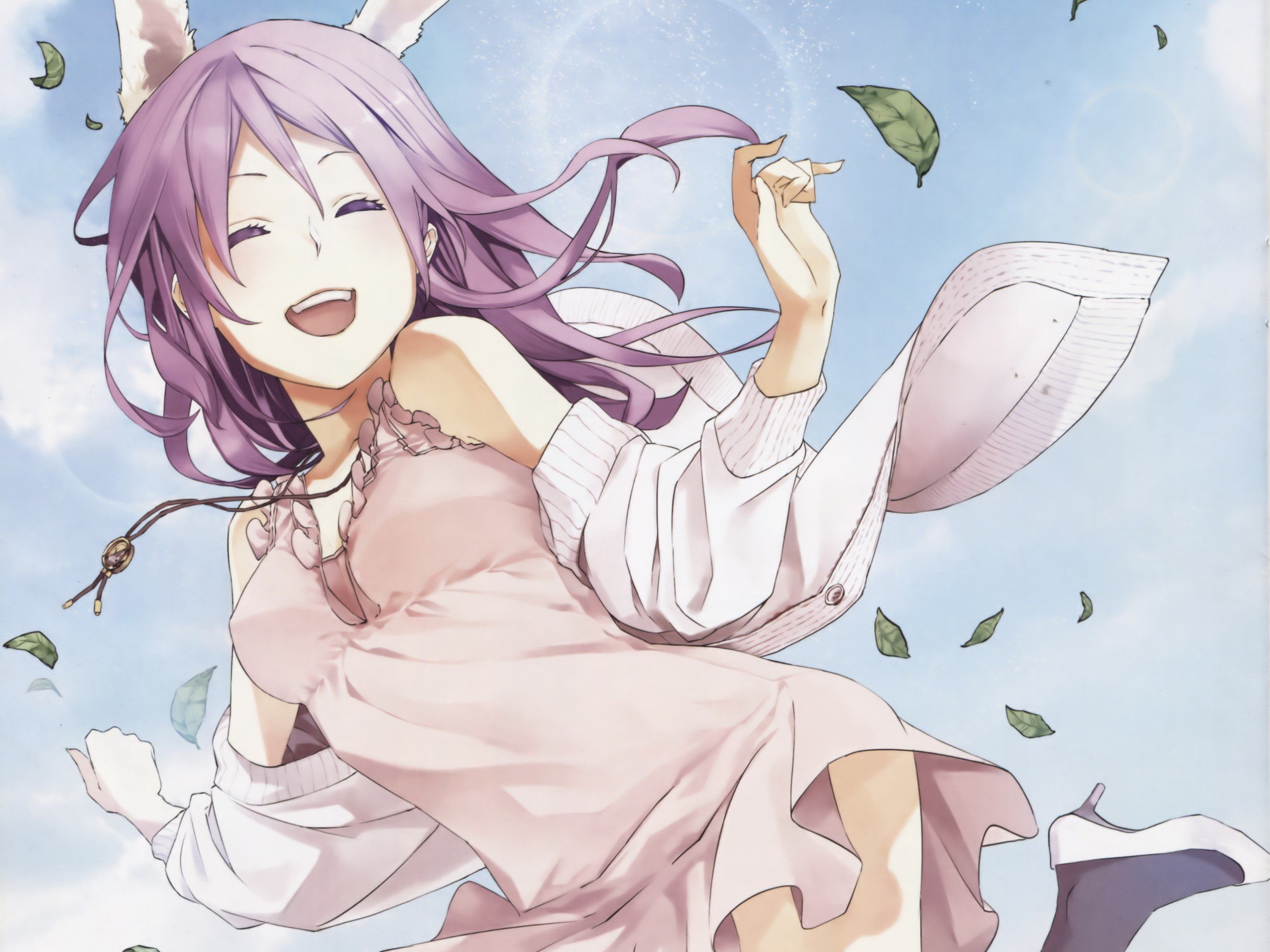 video, Games, Touhou, Dress, Happy, Leaves, Long, Hair, Jumping, Jackets, Purple, Hair, Animal, Ears, High, Heels, Thigh, Highs, Reisen, Udongein, Inaba, Smiling, Necklaces, Open, Mouth, Closed, Eyes, Bunny, Ear Wallpaper