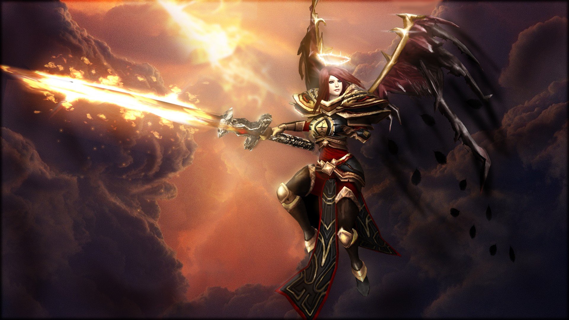 angels, Clouds, Wings, Sun, Halo, League, Of, Legends, Elite, Kayle, Swords, Crimson Wallpaper