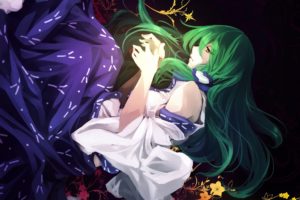 video, Games, Touhou, Flowers, Long, Hair, Miko, Green, Hair, Yellow, Eyes, Ponytails, Kochiya, Sanae, Japanese, Clothes, Detached, Sleeves, Hair, Ornaments, Bare, Shoulders