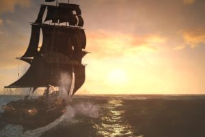 assassinand039s, Creed, Black, Flag, Sunset, Water, Sea, Ship, Jackdow