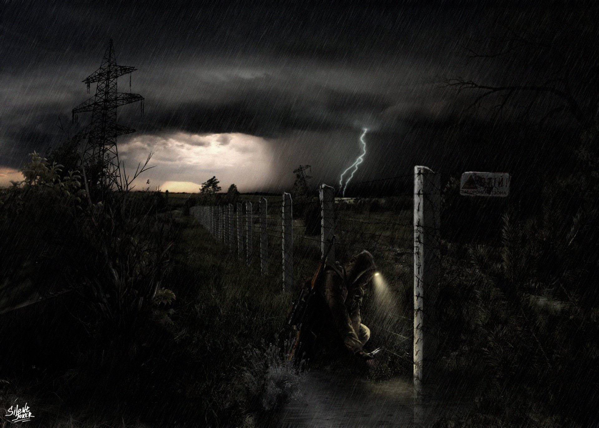 stalker, Chernobyl, The, Soldier, The, Night, Zone, Rain, Storm, Lightning, Sci fi Wallpaper