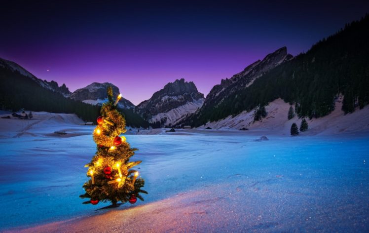 crismas, Tree, New, Year, Light, Balls, Snow, Mounatin, Winter, Holiday HD Wallpaper Desktop Background