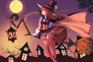 animal, Bat, Bird, Bloomers, Brown, Eyes, Brown, Hair, Dress, Gloves, Halloween, Hat, Leaves, Long, Hair, Moon, Original, Ribbons, Thighhighs, Witch, Witch, Hat