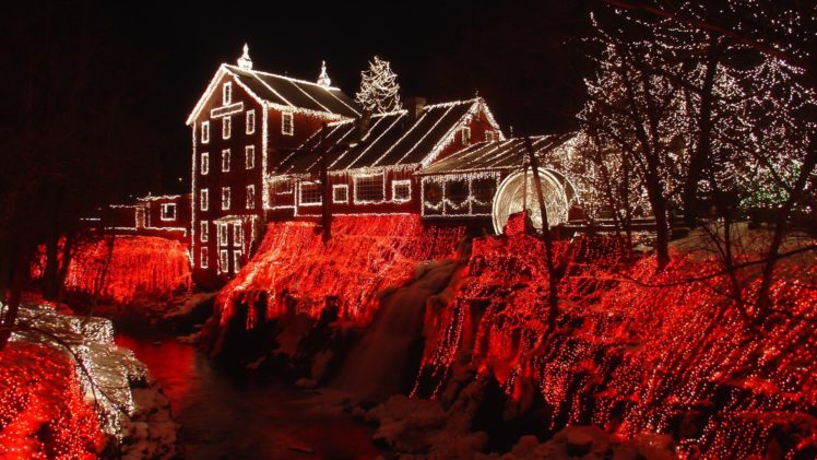christmas, Lights, Cliffton, Mill, Ohio, Red, Night HD Wallpaper Desktop Background