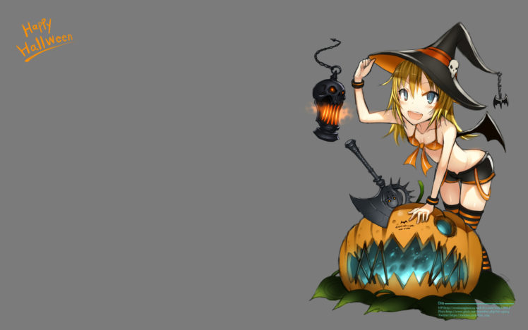 bikini, Top, Blonde, Hair, Blue, Eyes, Gia, Halloween, Hat, Original, Pumpkin, Thighhighs, Weapon, Wings, Witch, Hat HD Wallpaper Desktop Background