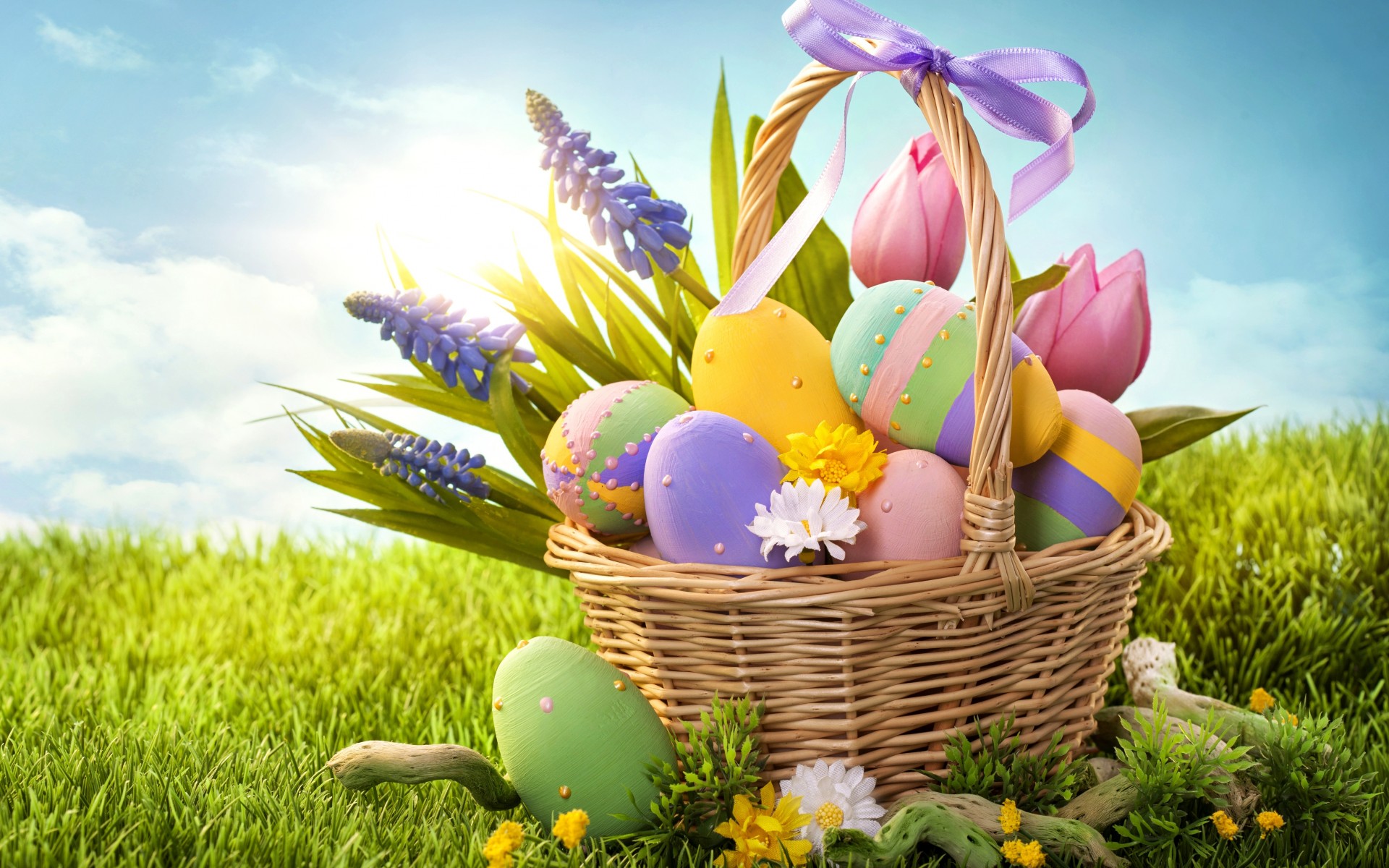 eggs, Easter, Basket, Bow, Grass, Holiday, Flowers, Spring Wallpaper
